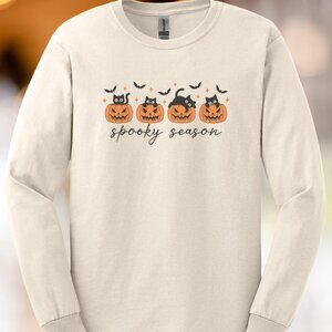 Spooky Season Shirt Black Cat Pumpkin Halloween Long Sleeve Fall Tee